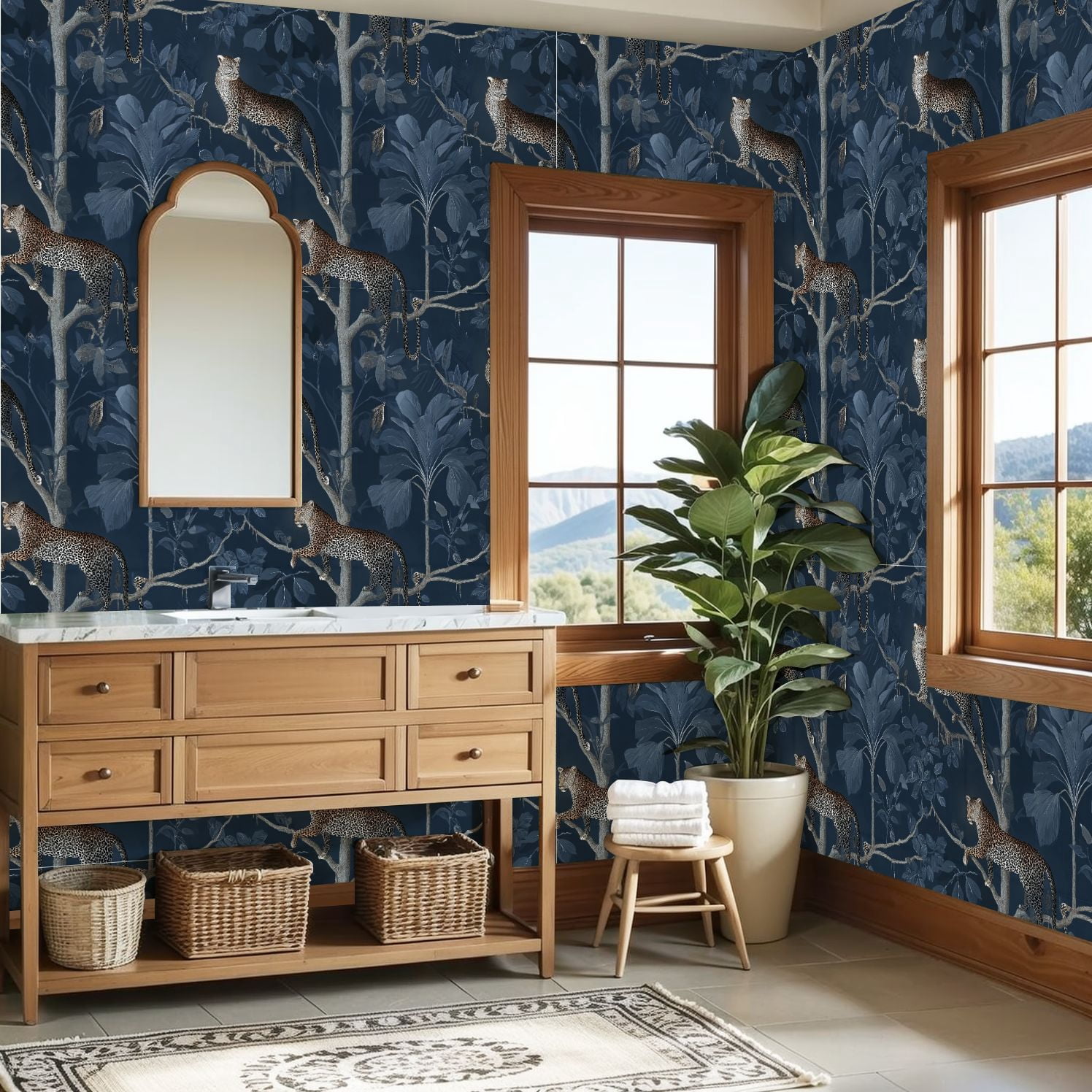 Peel and Stick Wallpaper Leopard Jungle Dark Blue Foliage Exotic Plants Wall Mural 23.6in x 9.8ft Self Adhesive Removable Wall Paper Renter Friendly Wallpaper for Nursery Bedroom Cabinets