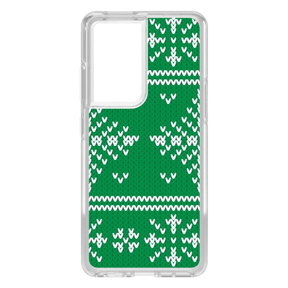 DistinctInk Clear Shockproof Hybrid Case for Galaxy S21 ULTRA 5G (6.8" Screen) - TPU Bumper, Acrylic Back, Tempered Glass Screen Protector - Green White Ugly Christmas Sweater - Christmas All Year