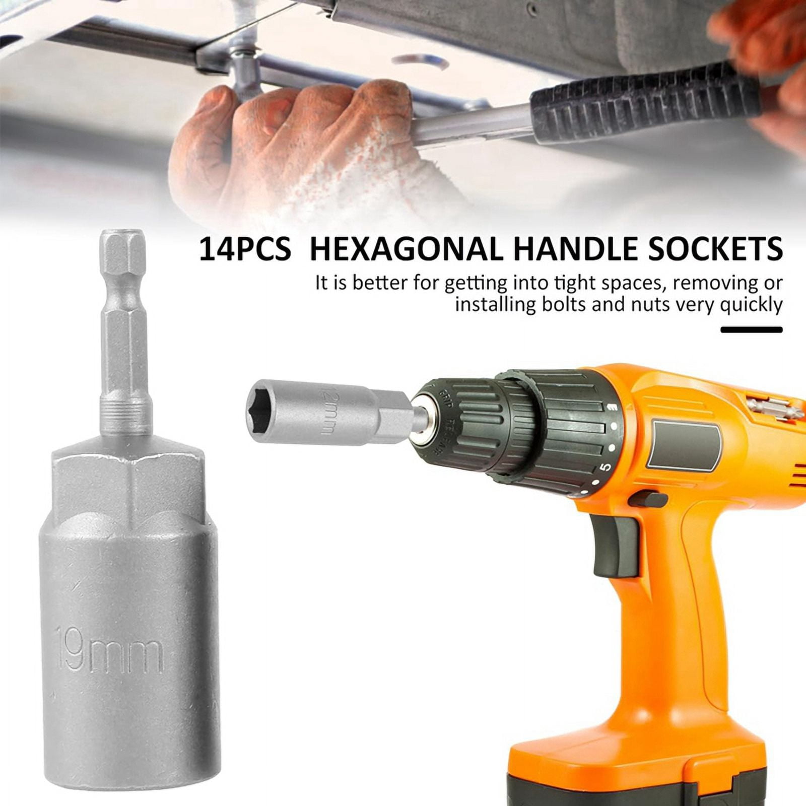 14Pcs Hexagonal Sockets Set, 6-19mm Deep Socket Adapter Kit Hex Nut Driver Bits Set Quick Change Nut Setter