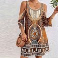 thumbnail image 2 of Vestido Alto Bajo para las Mujeres de Hombro Frío Cuello Redondo Impresión Bohemia Media Manga Mini Patinador Ropa de Playa de Verano Casual, 2 of 9