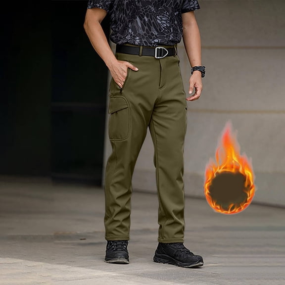 Huankd Winter Tactical Pants for Men Fleece Lined Water Resistant Work Cargo Pants Thermal Cold Weather Hiking Army Green 2XL