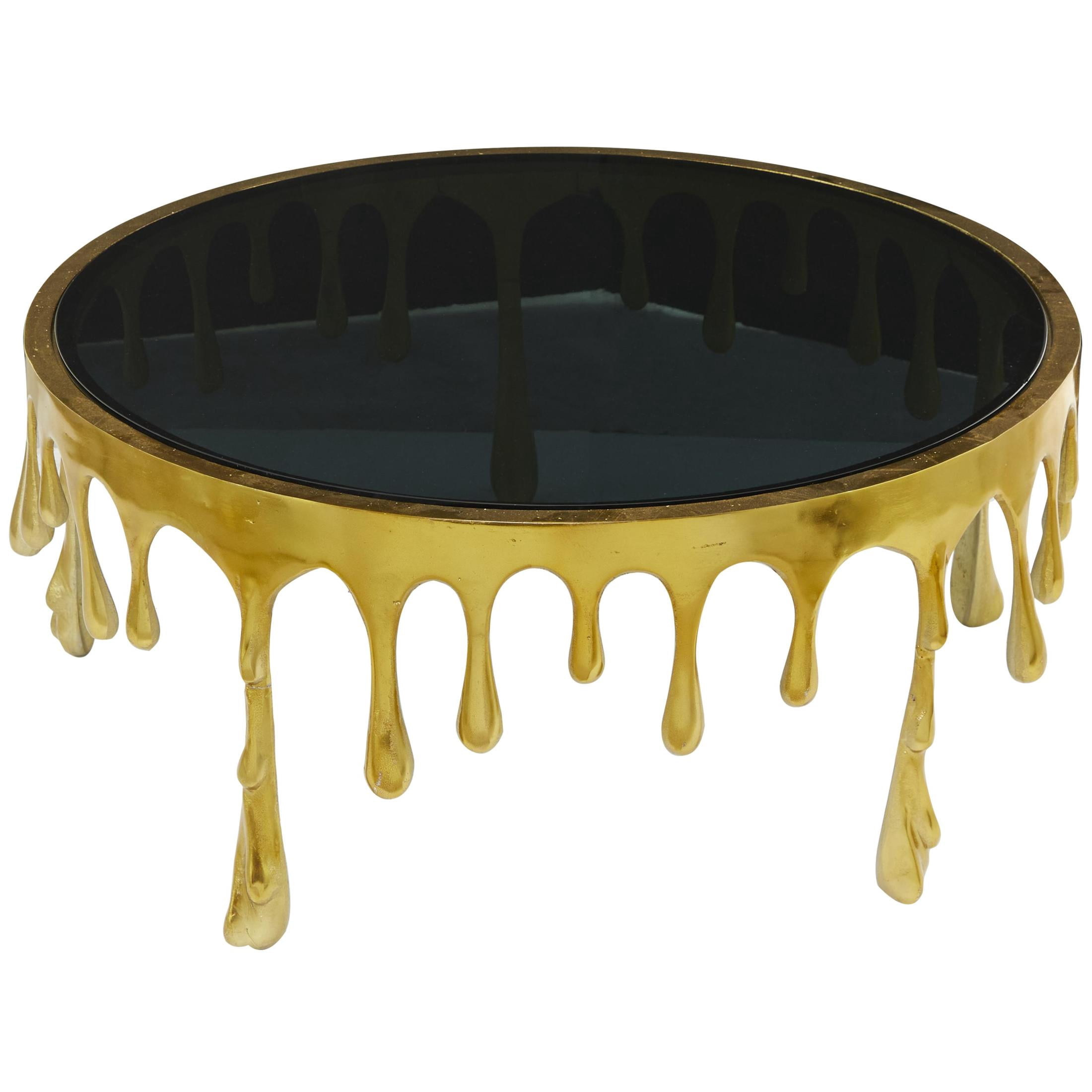 DecMode 36" x 16" Gold Aluminum Metal Melting Drip Abstract Coffee Table with Black Glass Top, 1-Piece