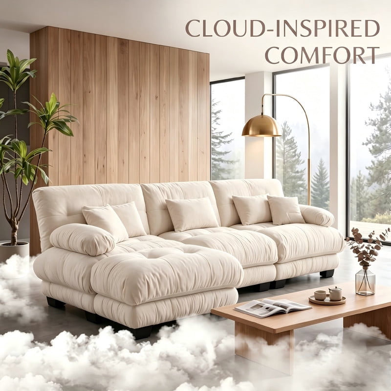ANPPORT Cloud Couch Sleeper Sofa, Chenille Light Coffee 3-Seater Modular Sofa with 1 Ottomans, 3 Lumbar pillows,2 Pillows, Comfy Deep Seat Cloud Sofa, Convertible L-Shaped Floor Couch for Living Room