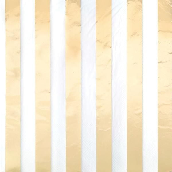 Set of 16 lunch napkins featuring elegant vertical gold foil stripes on white, perfect for festive occasions.
