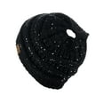 thumbnail image 4 of C.C BeanieTail Sparkly Sequin Cable Knit Messy High Bun Ponytail Beanie Hat, Black/Silver, 4 of 4