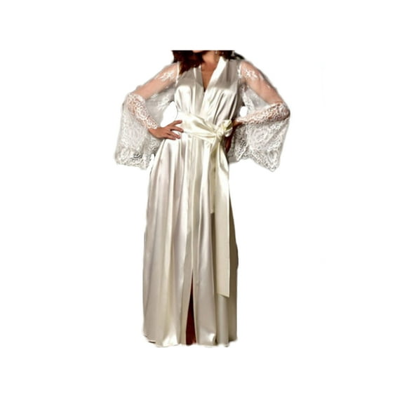 Women Lace Long Bride Kimono Robe Satin Silk Night Dressing Gown Sleepwear