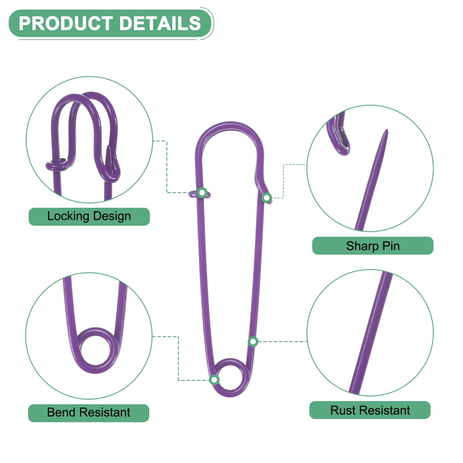 Uxcell 60-Pack Large Safety Pins, 2.5" Spring Lock Pins Blanket Bulk Pins for Fashion/Clothes/Sewing/Quilting/Upholstery/Laundry/DIY Craft/Decorative, Big Safety Pins [Purple]