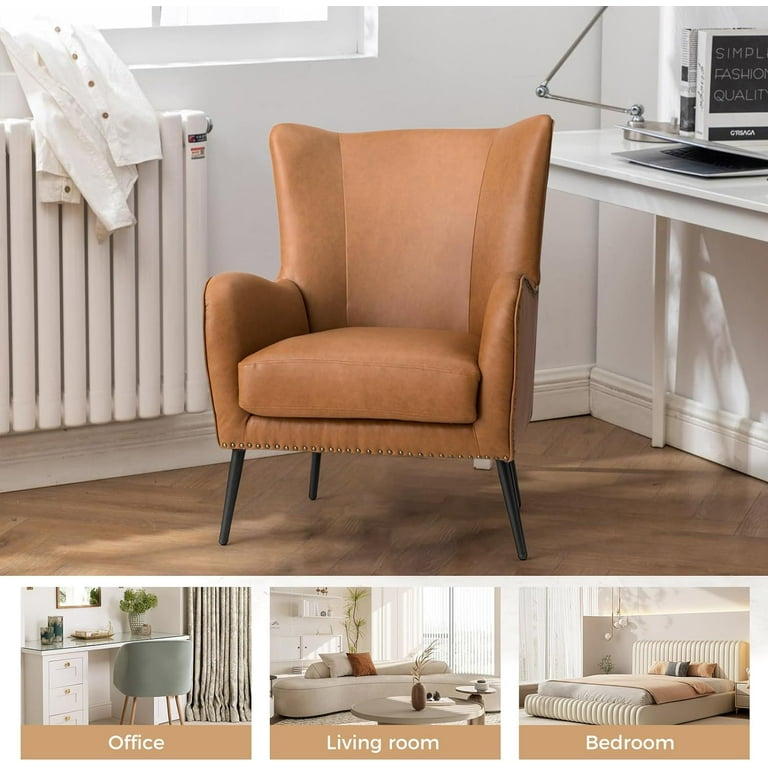 Wingback Chair Leather Black Accent Chair For Bedroom Faux Leather