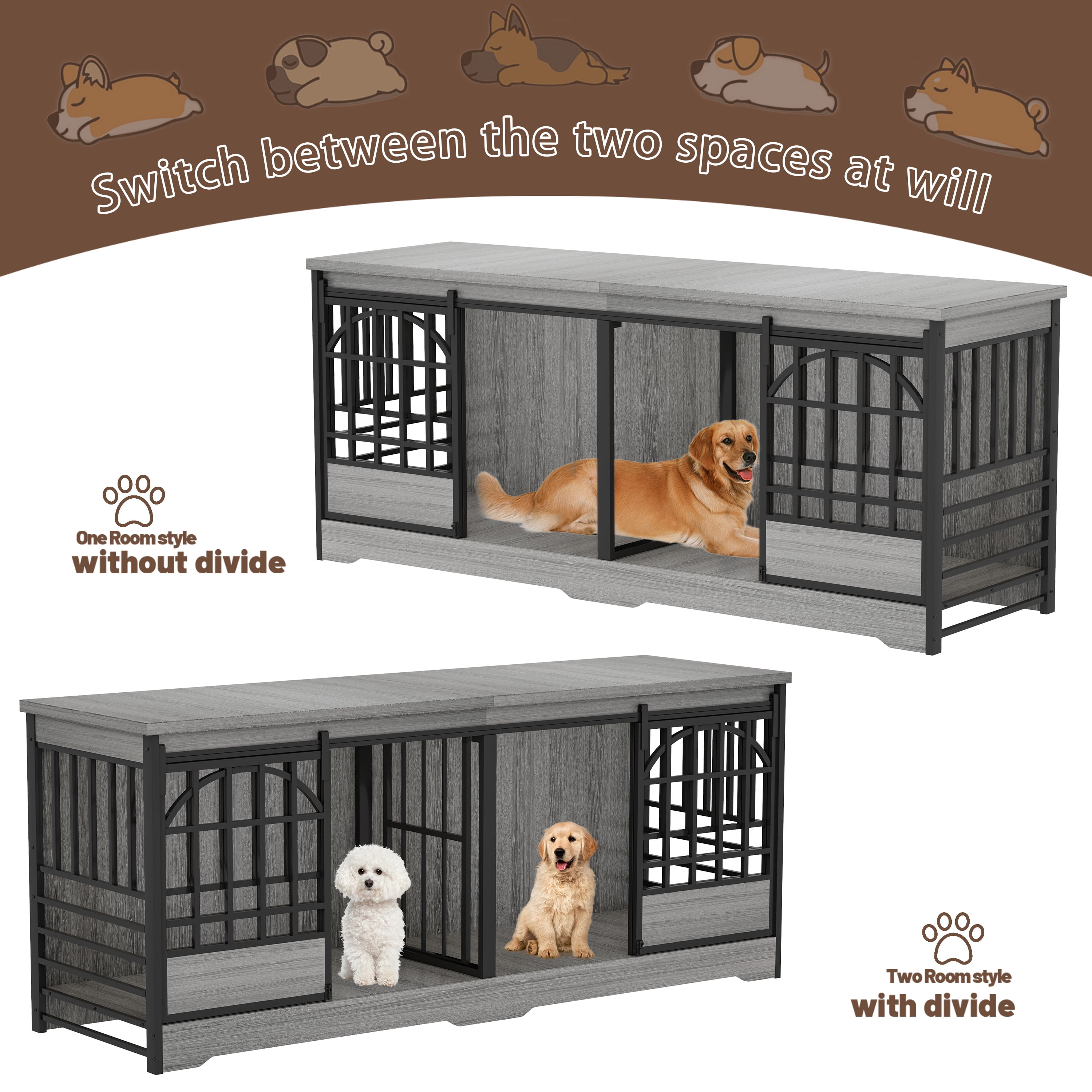 78 inch Dog Crate Furniture XXL Dog Cage Heavy Duty Dog Kennel Indoor with Removable Divider,Extra Large Double Cage Large Breed Gray