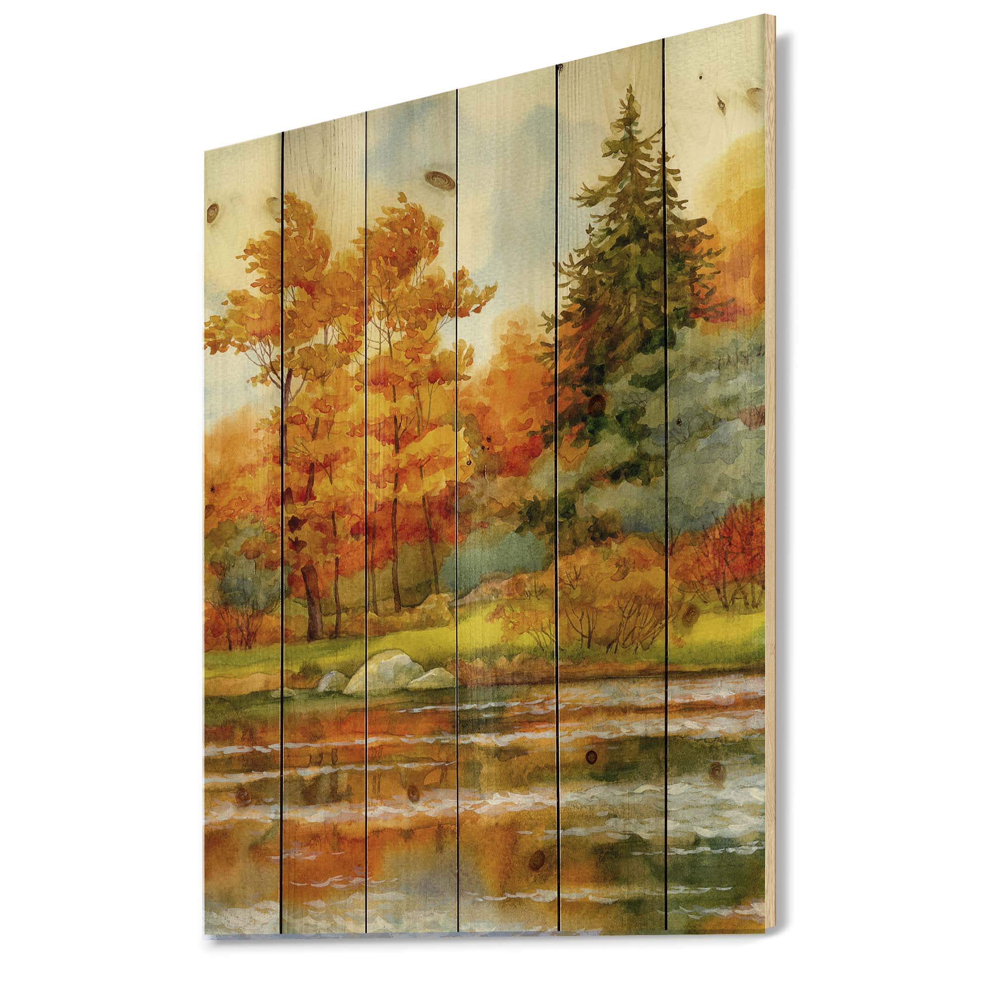 Designart 'Autumn Forest By The Lake Side III' Lake House Print on Natural Pine Wood