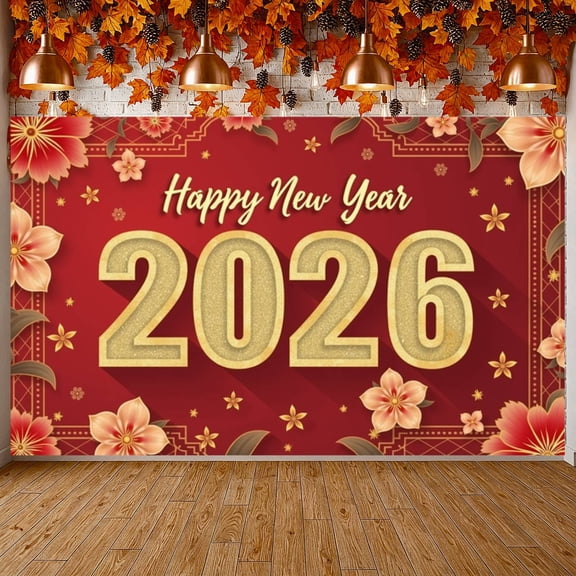 Red Background Happy New Year Banner Gold Lettering 2026 New Year Display Floral Pattern Festive Design New Year Backdrop for New Year Party Holiday Celebration Indoor Decor