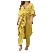 BYHONG Womens Pant Suits Summer Solid Color Lace Up V Neck top Elegance Fashion Casual Trousers Suit Pants for Women Yellow M