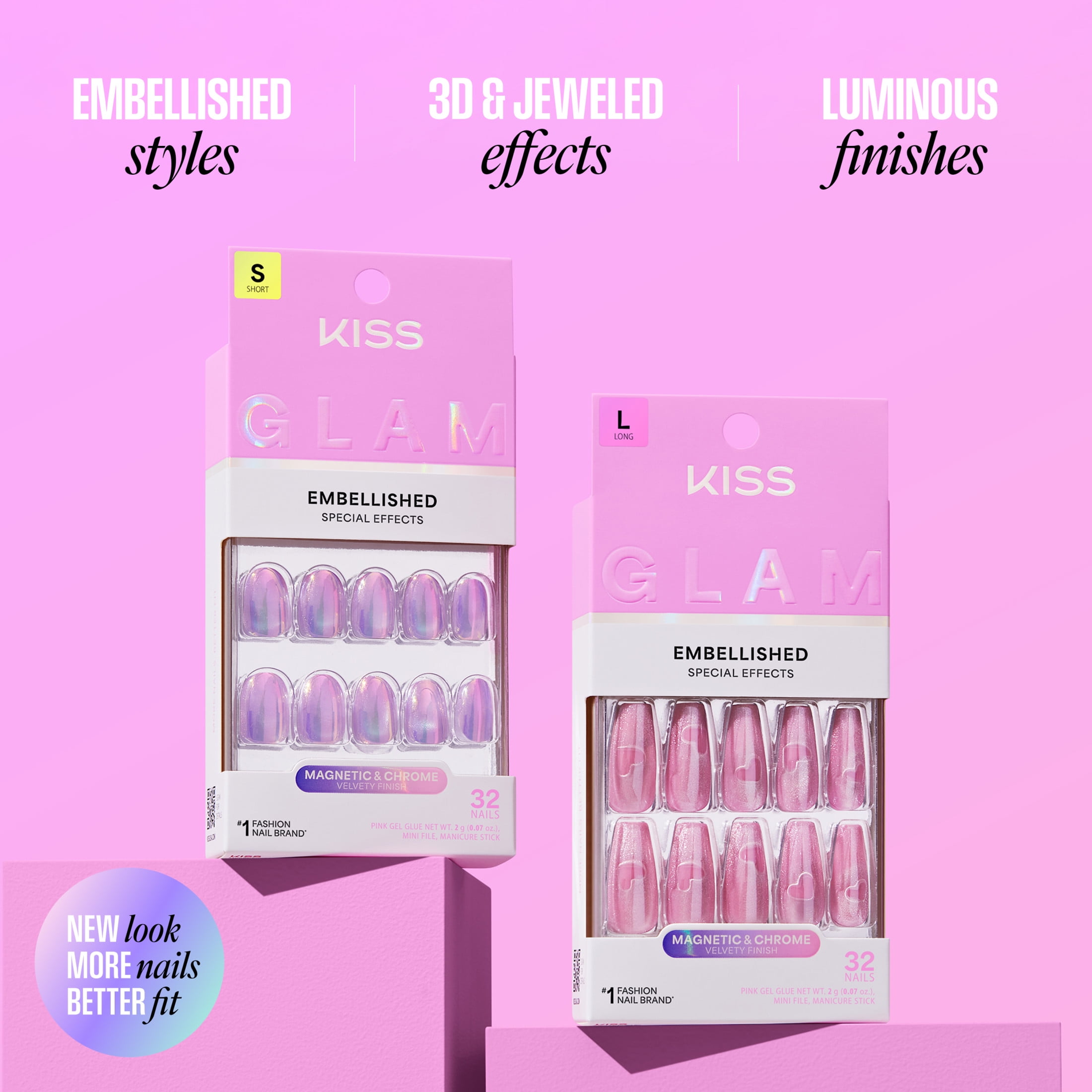 Kiss Glam Embellished Press On Nails, ‘Moonfizz’, White, Short Squoval, 32 Count