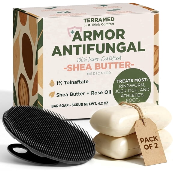 Antifungal Soap Infused with Shea Butter & Rose Oil | Medicated Jock Itch Treatment Helps Fight Ringworm & Athlete’s Foot | Tolnaftate 1% Antifungal Soap for Deep Cleansing | 2 Bars with Scrubber