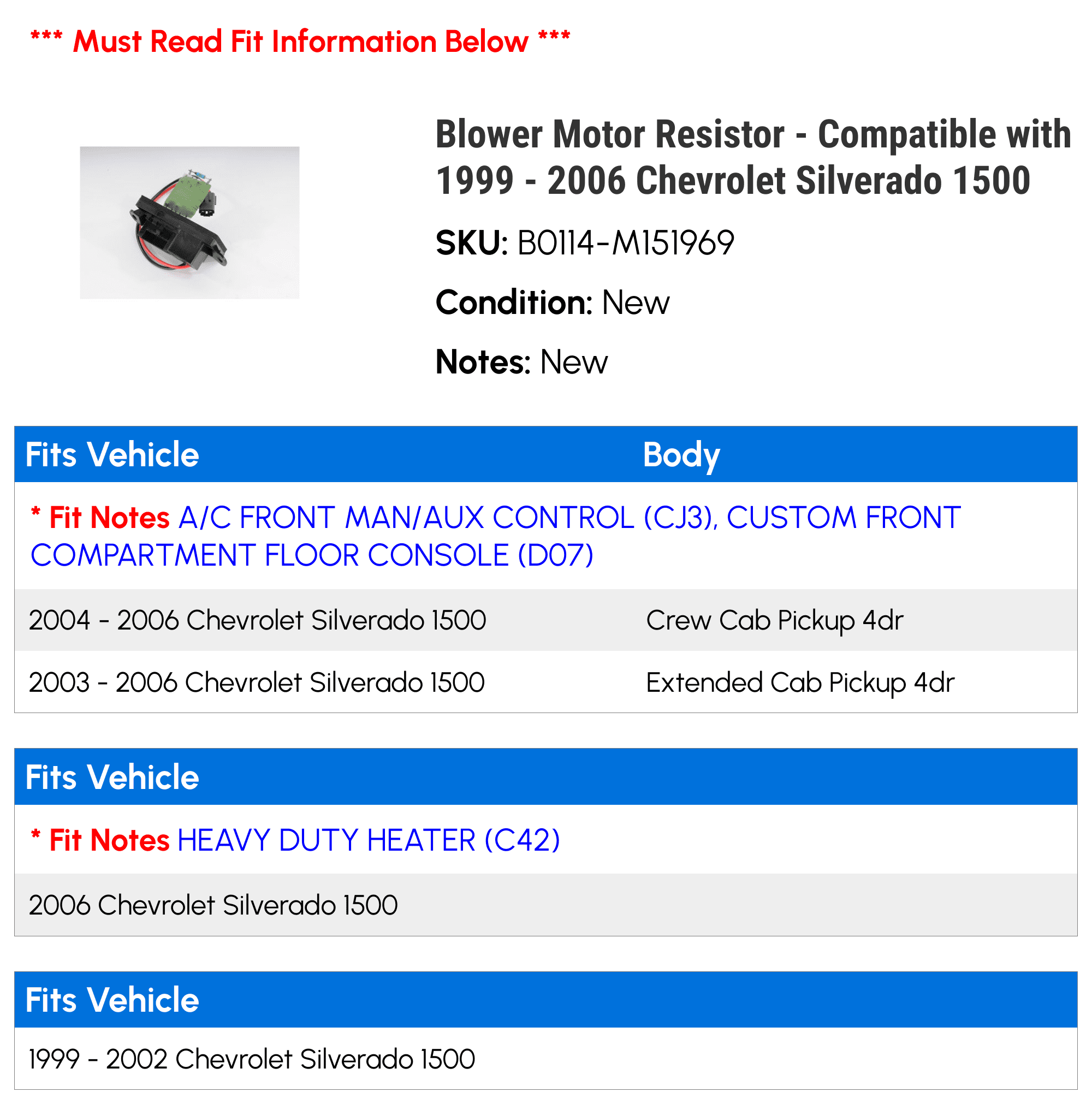 Blower Motor Resistor - Compatible with 1999 - 2006 Chevy Silverado 1500 2000 2001 2002 2003 2004 2005