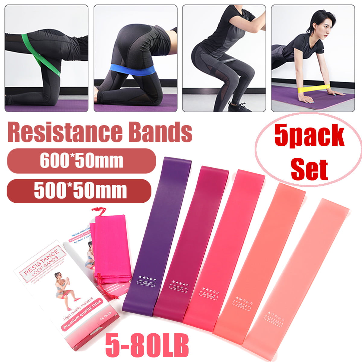 Resistance Loop Band Set Of 5 Pull Up Strength Fitness for Legs Heavy Exercise