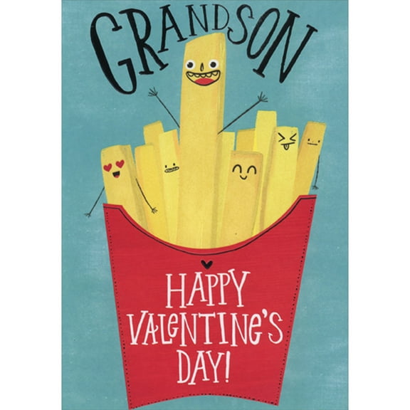 Designer Greetings Smiley Faced French Fries in Red Container on Blue Background Juvenile Valentine's Day Card for Grandson