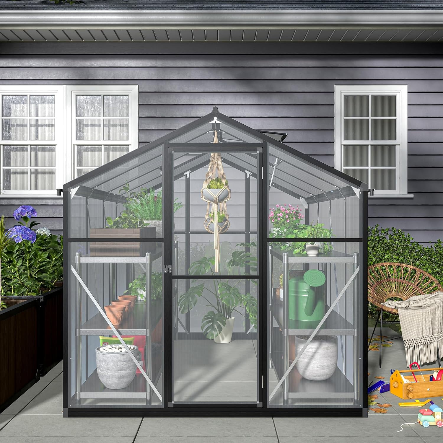TRAMULL 6x8 ft Polycarbonate Greenhouse for Outdoors, Upgraded Heavy Duty Aluminum Frame Walk-in Green House Garden Adjustment Roof Vent,Hinged Door,Rain Gutter