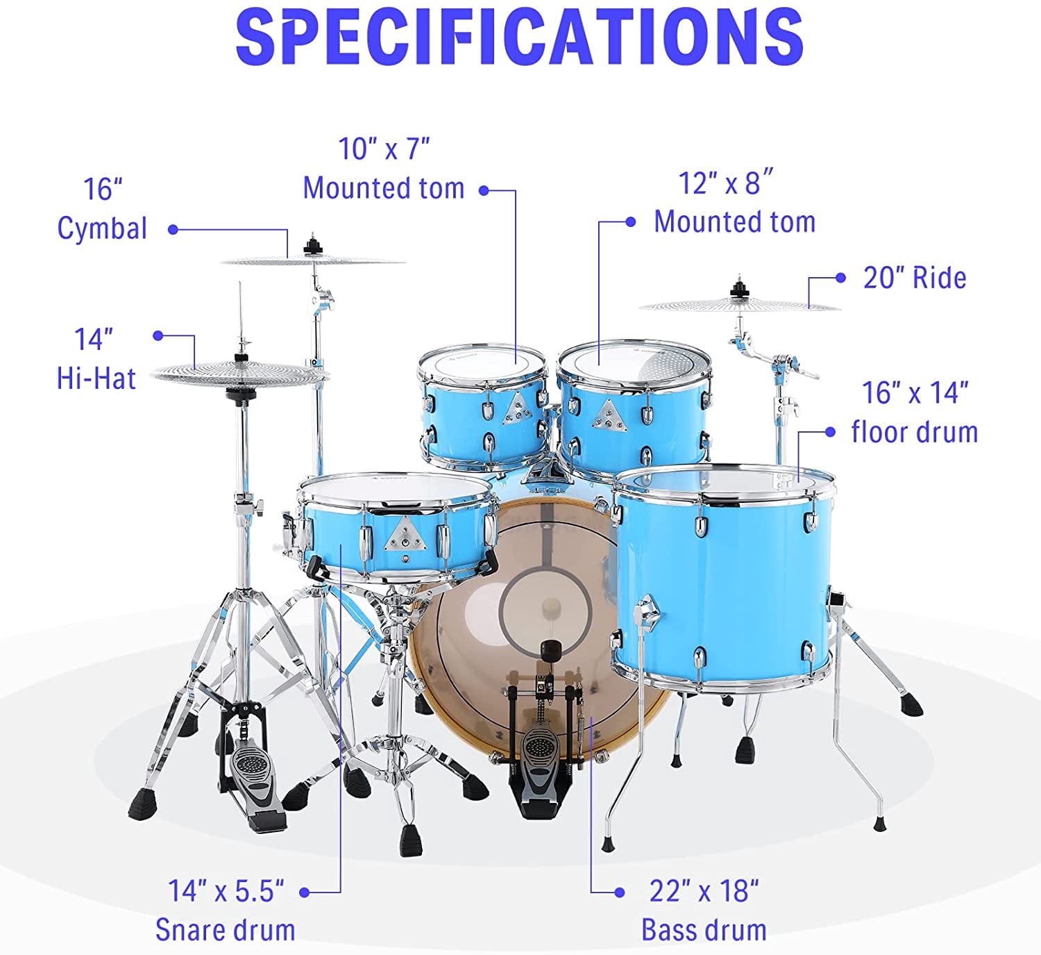 Donner 5-Drum Set with Built-in Silencer System for Adult, Complete Junior Drum Kit, Professional Drum set, Blue