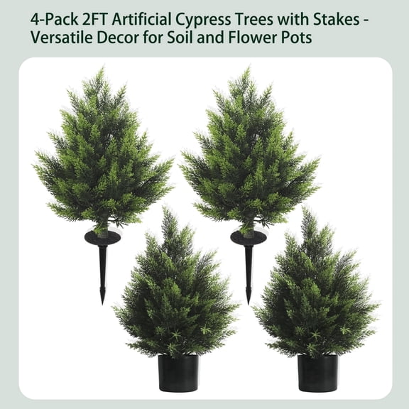 4 Pack 2ft Artificial Cypress Trees, Indoor Outdoor Decor for Garden & Commercial Spaces