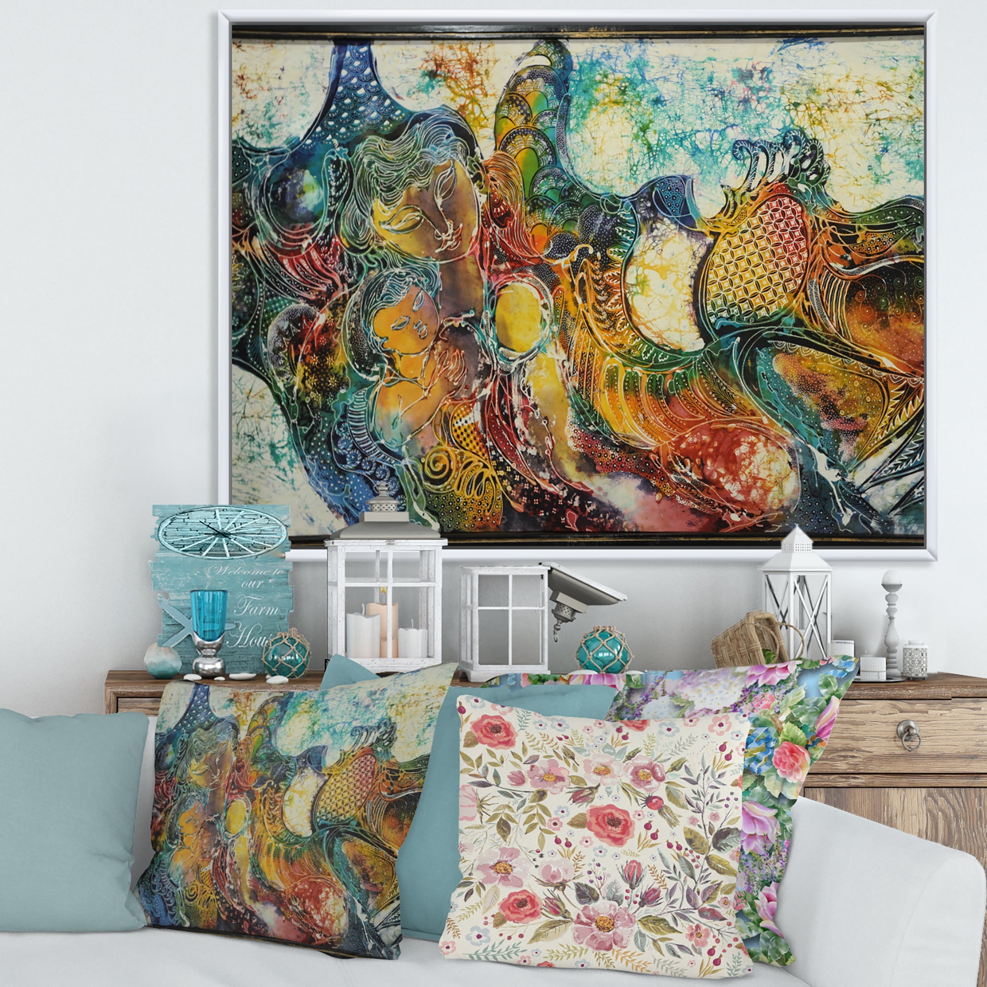 Designart 'Child With Mother With Batik' Modern Framed Canvas Wall Art Print