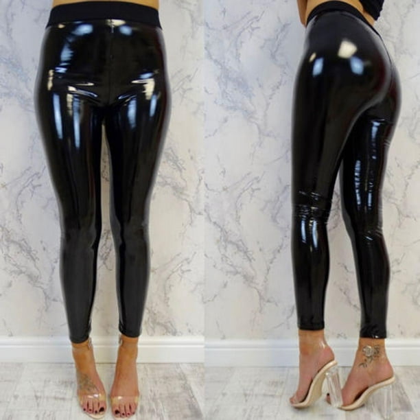 Women´s Shiny Leather Long Pants High Waist Skinny Disco Vinyl Pencil  Legging Trousers 