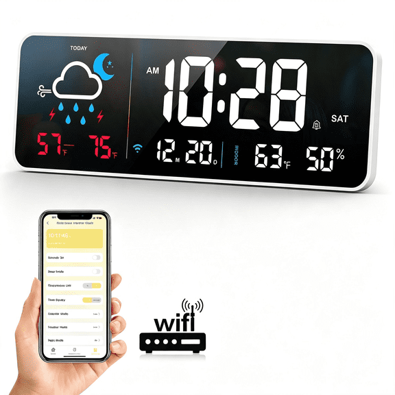 DESIGNICE Digital Wall Clock,Digital Clock Large Display with Network Auto-Synced,Corded Smart Led Alarm Clocks Real-Time Shows Weather,Indoor/Outdoor Temp Humidity for Living Room Bedroom Classroom