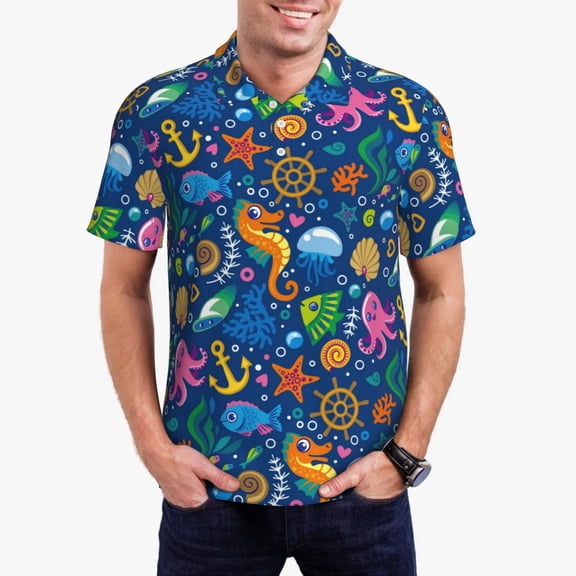 Rateoe Sea Fish Pattern Men's Short Sleeve Polo Shirts, Golf Polo Shirts Short Sleeve Performance Moisture Wicking Dry-Small