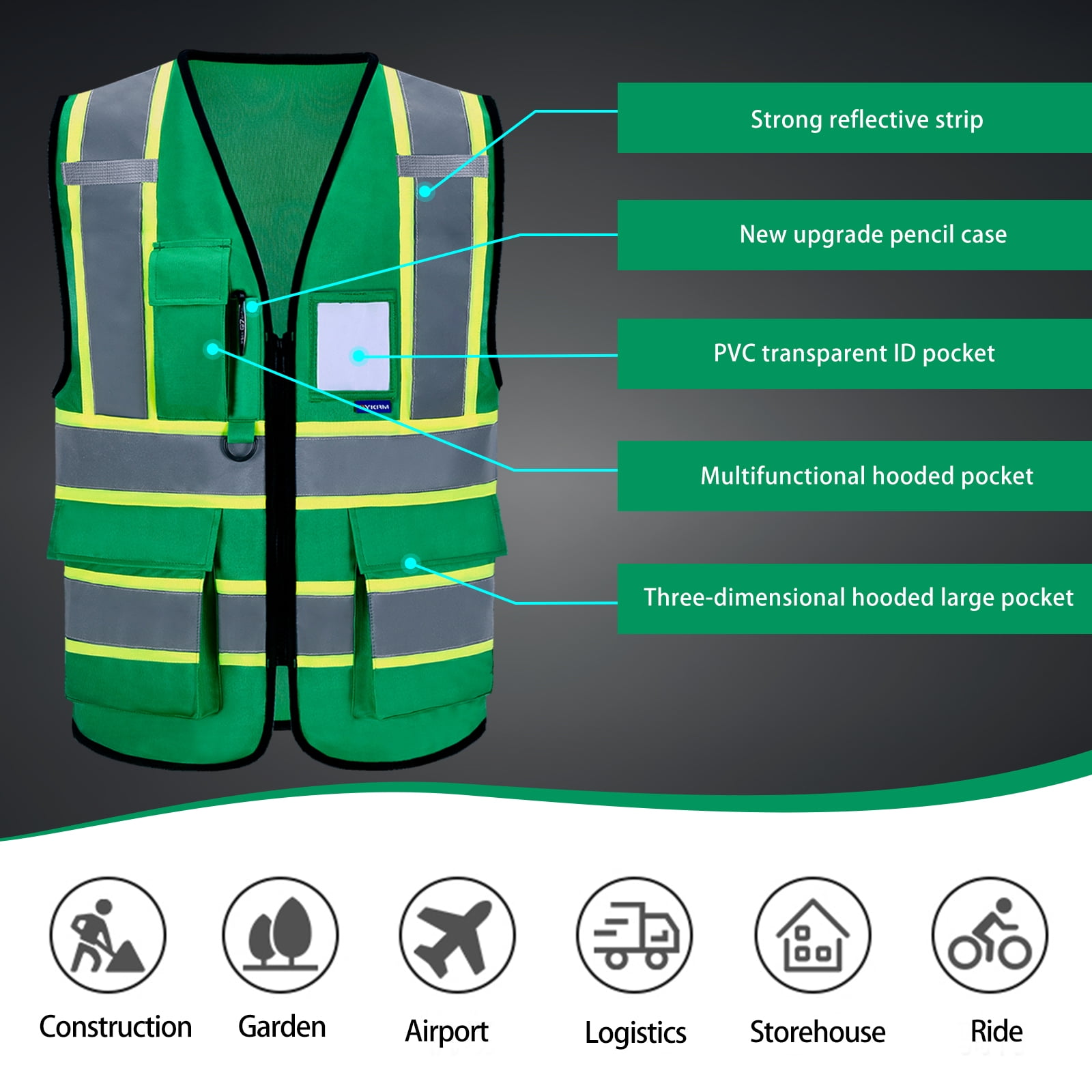 AYKRM Green High Vis Reflective Small Safety Vest for Women Men Security Pocket Zipper