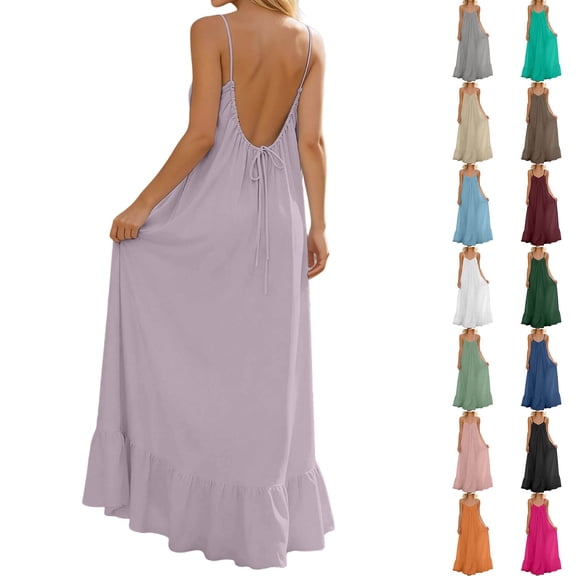 Backless Cami Dresses for Women Sleeveless Cami Lounge Dress Party House Dress Long Tiered Maxi Dress Pockets Fashion Clothing,Dark Green,M
