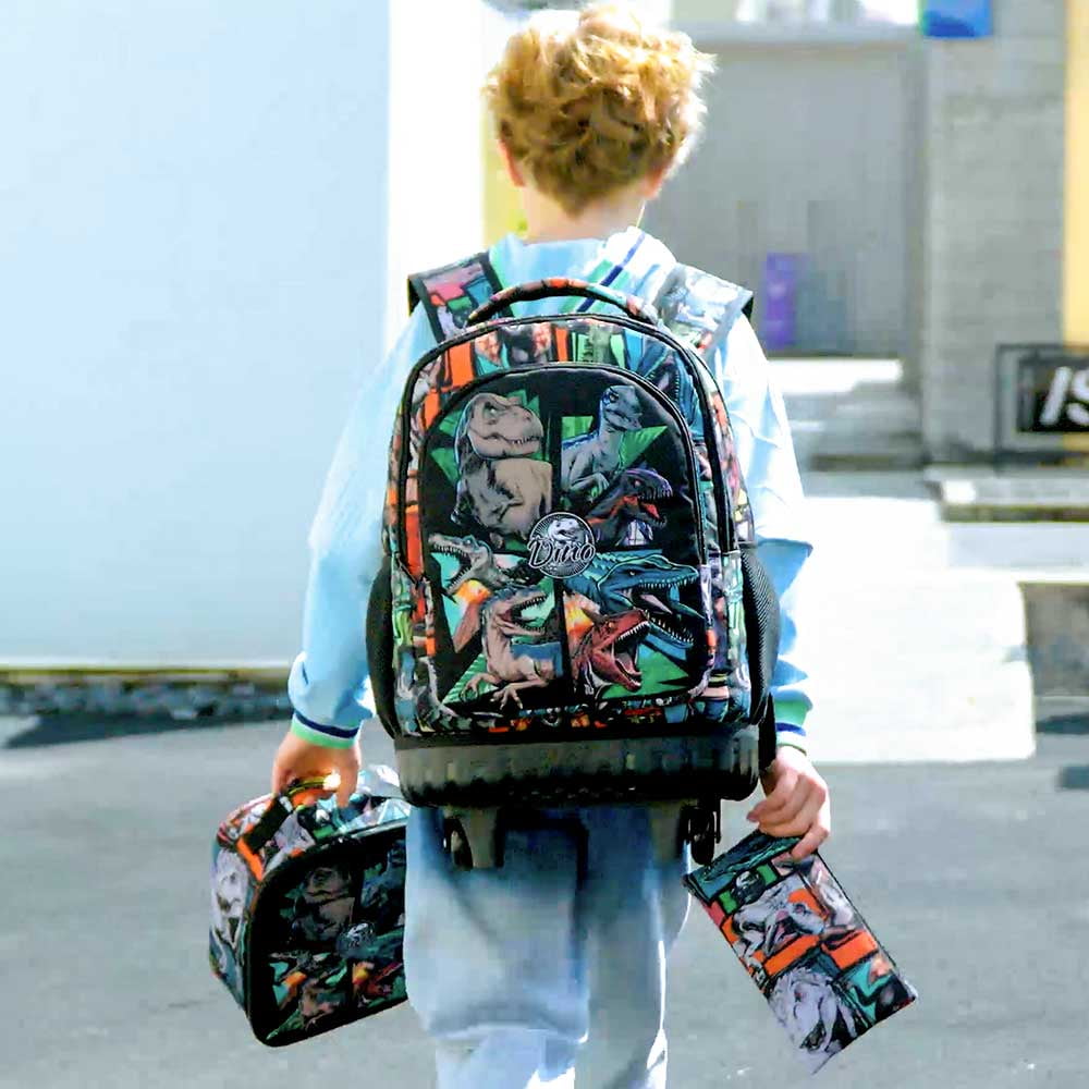 AGSDON 3PCS Rolling Backpack for Men, 21 Inch Water Resistant Dinosaur Backpacks with Roller Wheels, Wheeled Bookbag for Teens Boys Elementary School Travel