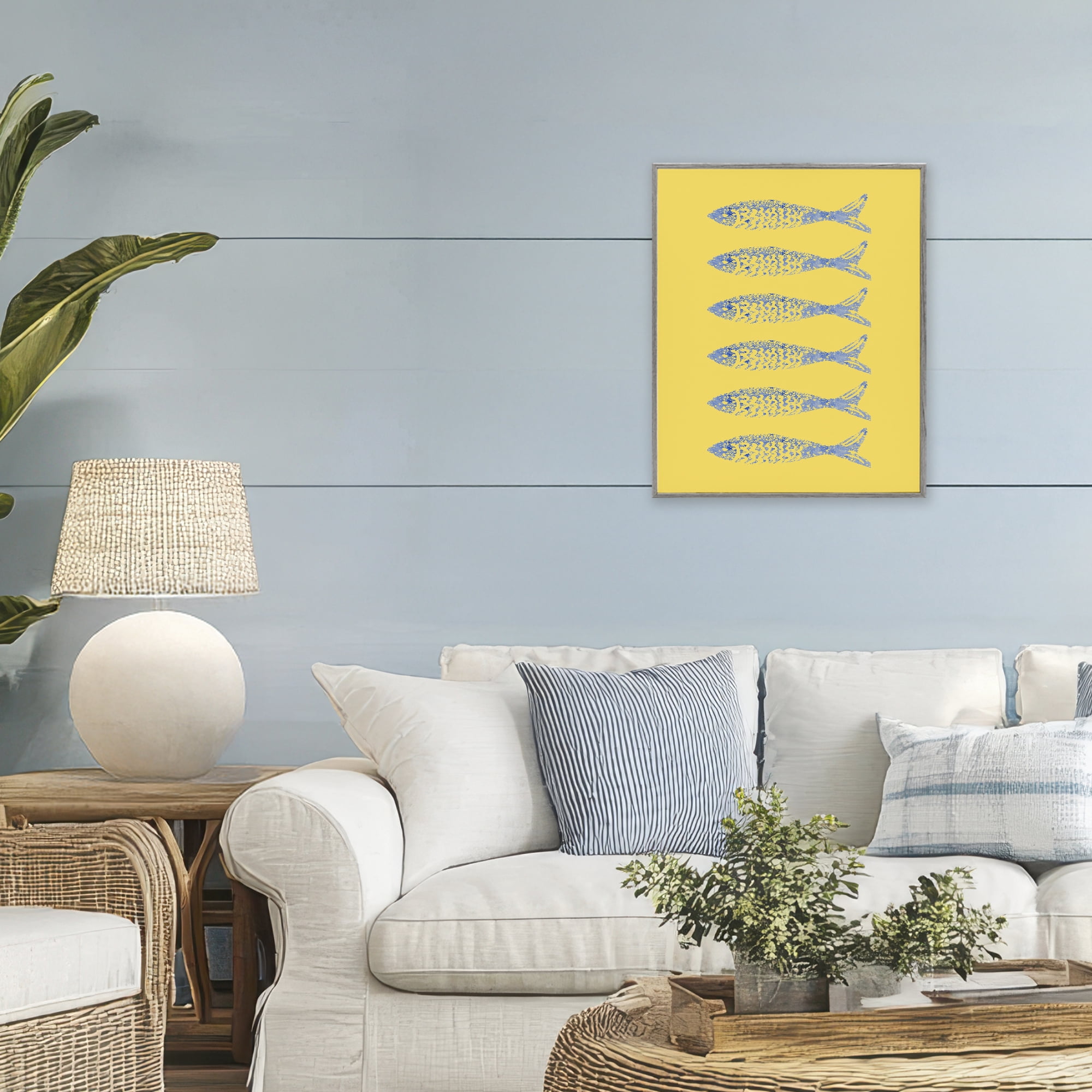 Stupell Industries Sardine Stamps on Yellow Gray Framed Giclee Art, design by Julie DeRice