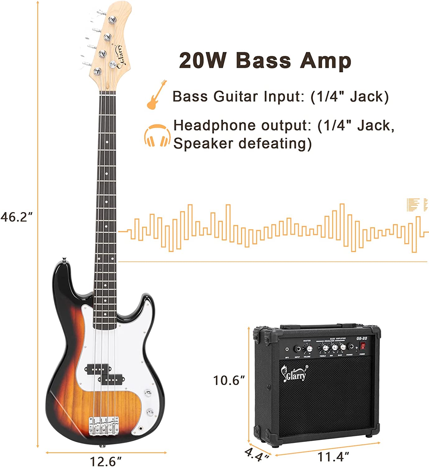 GLARRY Full Size Electric Bass Guitar with 20W AMP, 4 String Beginner Starter Kit with Accessories including Cable, Strap, Bag for Kids and Adults (Sunset)