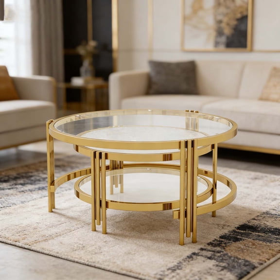 Round Coffee Table Set 2-Piece Gold Finish, Tempered Textured Glass Modern Living Room Tables, 32.75" Easy Clean