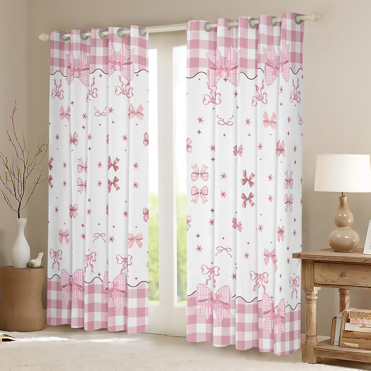 Manfei Kawaii Bowk Not Curtains Pack of 2 (42x84 Each),Cute Cartoon Bowtie Curtains Blackout,White Pink Buffalo Bedroom Curtains For Girl,Breathable Home Decor