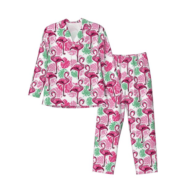 Fotbe Flamingo Pijama de Hombre con Estampado de Manga Larga, Conjunto de 2 Piezas, Ropa de Dormir Suave y Cómoda con Bolsillos-X-Large