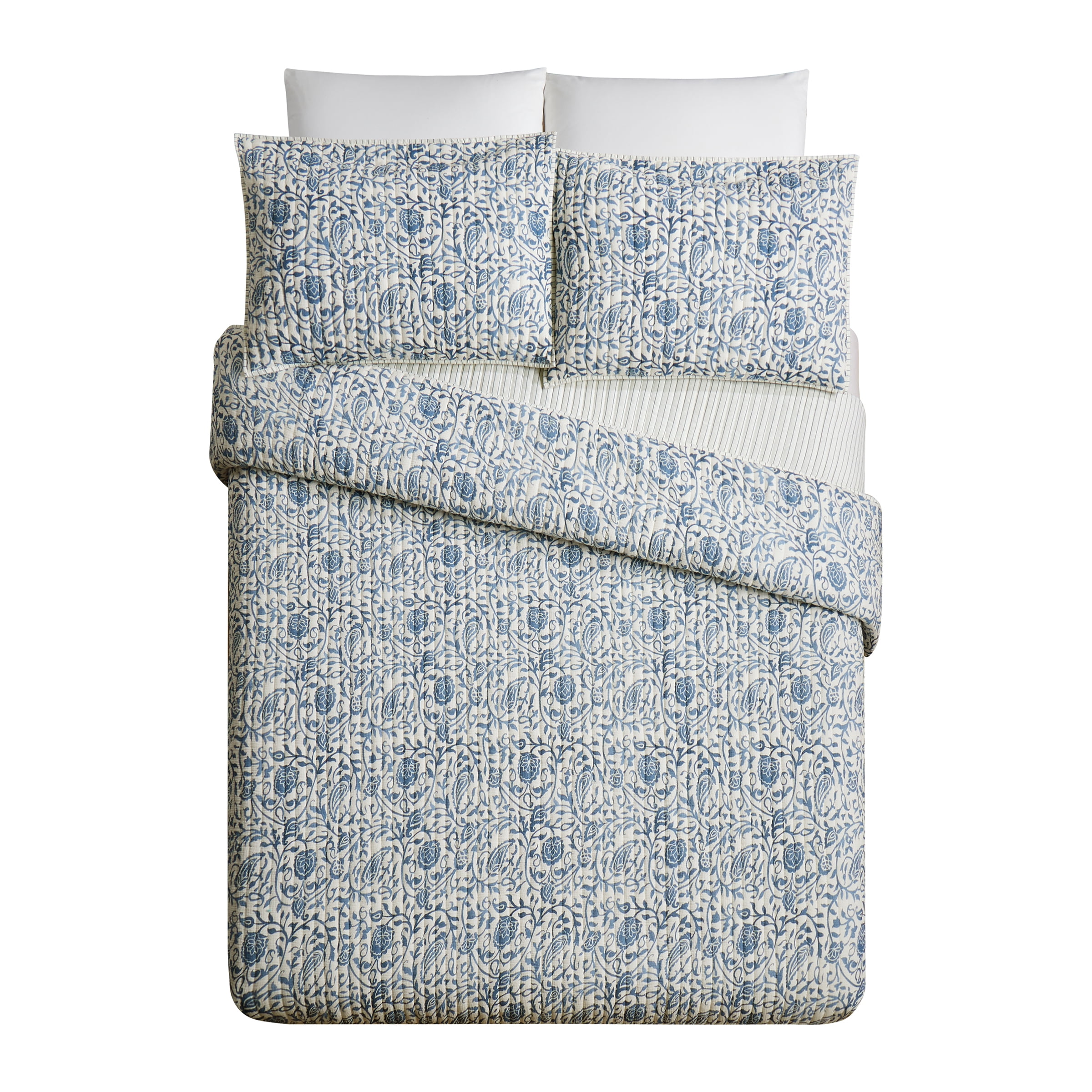 Eden Paisley Gauze 3-Piece Reversible Quilt Set, King, Blue