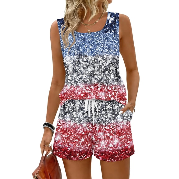 JULMCOMO American Flag Two Piece Sets for Women 1776 Red White Blue Patriotic Short Sets Square Neck Sleeveless Tank Top 4th of July Outfits with Pockets Multicolor XL