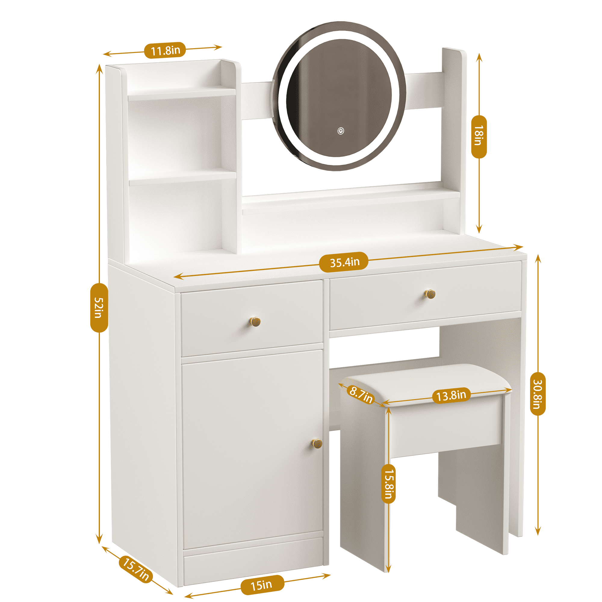 Makeup Vanity Desk with Mirror and Lights Dressing Table with 2 Drawers & Adjustable 3 Color Lighting Brightness for Bedroom Storage Cabinet,White