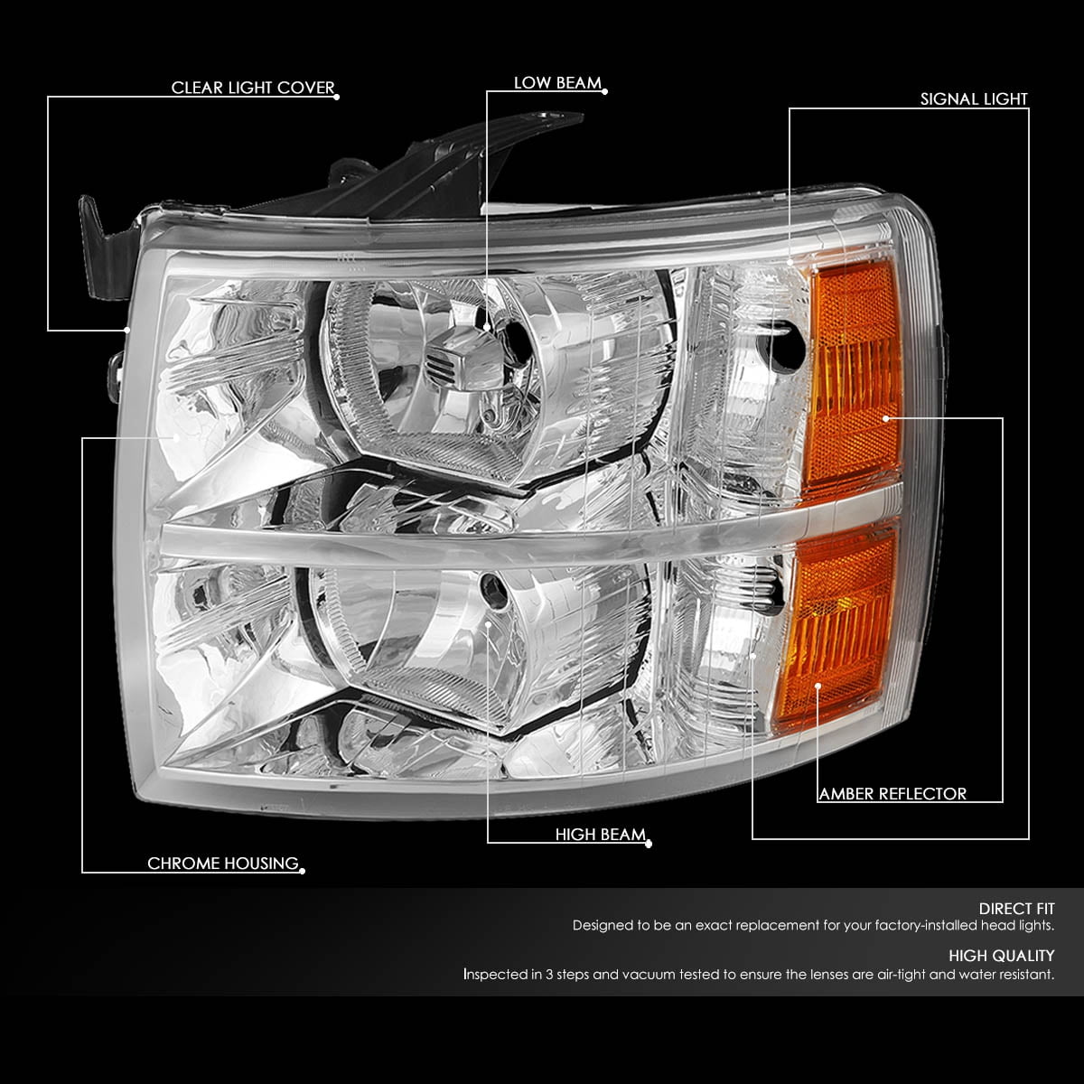 DNA Motoring Halogen Headlight Lamps Pair for Chevy Silverado 2007-2014 Chrome Amber