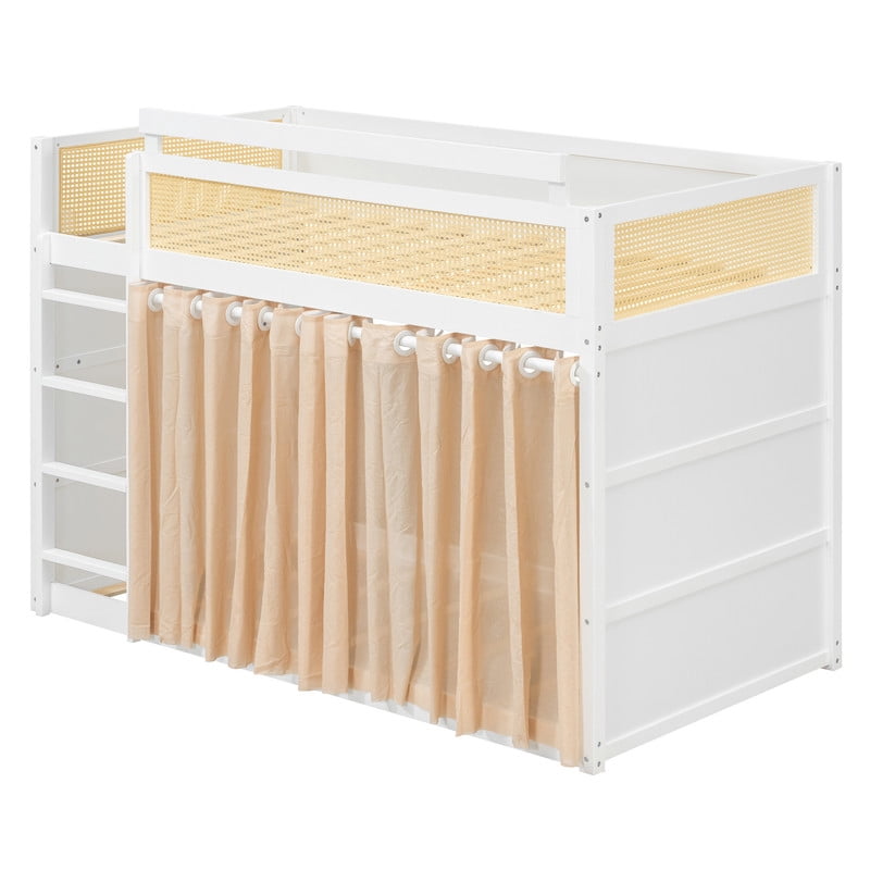 Twin-Over-Twin Bunk Bed with Bedside 3-Tier Storage Bookshelf, Teens/Kids Rattan Guardrail Bed Frame with Curtain & Light