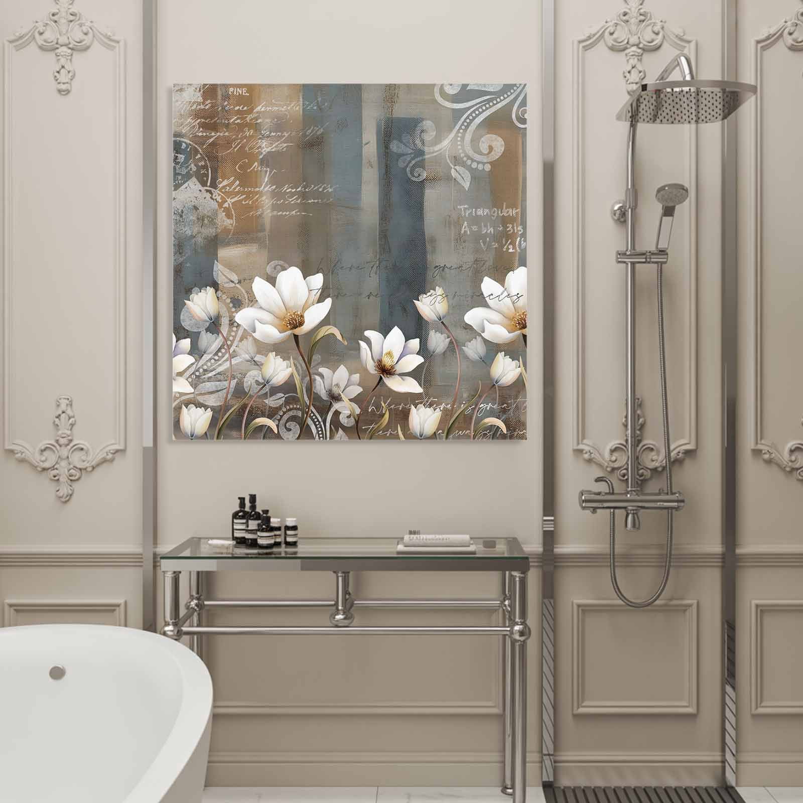 Abstract Retro Flowers Framed Canvas Wall Art, Art White Floral Blue Brown Mottled Wall Art Painting for Living Room Bedroom Home Decor, 16”x16”, Office Artwork Print