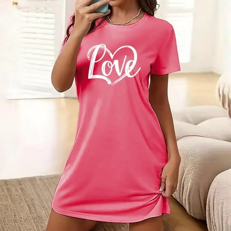 Women s Nightgown Round-neck Chemise Sleepwear Lace Nightwear Soft Lingerie for Women  3- Hot Pink  Small