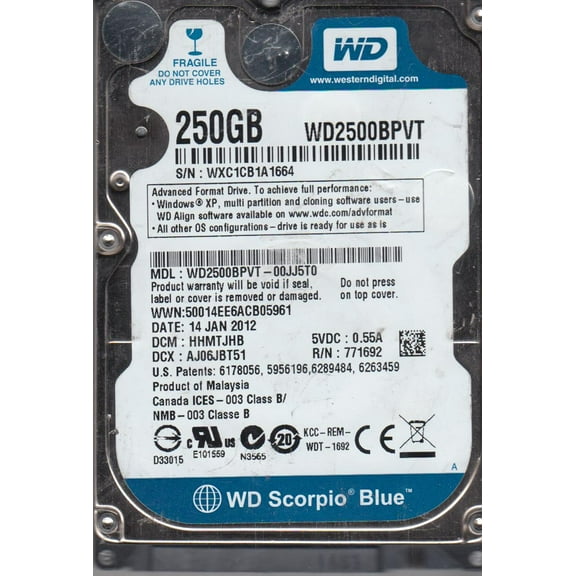 WD2500BPVT-00JJ5T0, DCM HHMTJHB, Western Digital 250GB SATA 2.5 Hard Drive