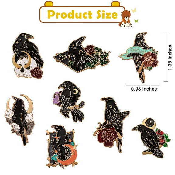 1 box 8pcs 8 style Crow Bird Enamel Pin Alloy Enamel Brooch for Backpack Clothing Light golden Mixed color 28~36x19~25x10mm Pin: 1mm 1pc/style