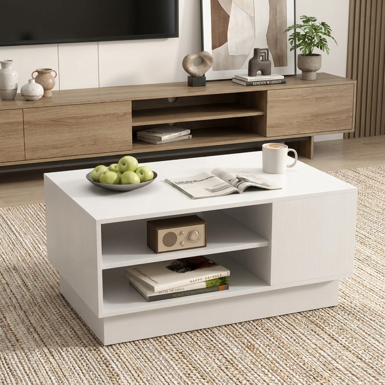 Furnibear Modern 2-Tier Coffee Table with Open Storage Compartments Recessed Base and Non-Slip Foot Pads for Living Room, White