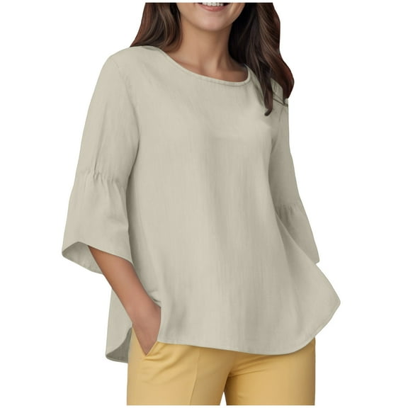 Towmus 3/4 Length Sleeve Womens Tops 2025 Fall Crewneck Going Out Blouse Cotton Linen Casual Three Quarter Sleeve Shirts