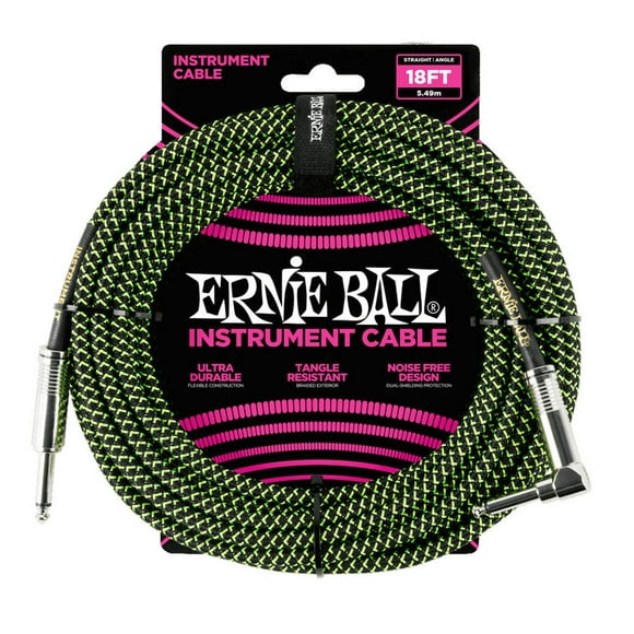 Ernie Ball Câble d'Instrument Tressé - Noir/vert, Angle Droit, 18'
