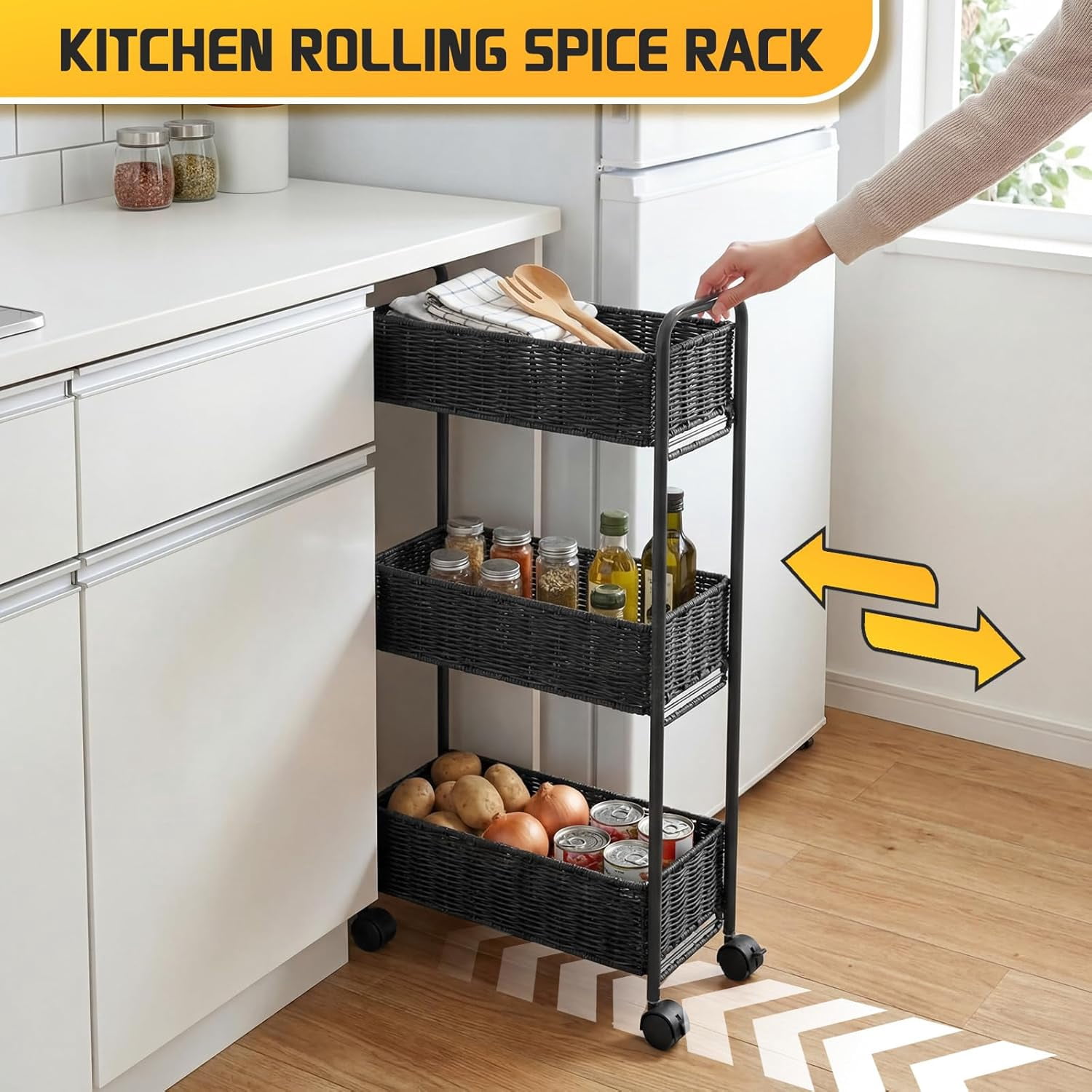 3-Tier Utility Slim Storage Cart, Rolling Kitchen Office Laundry Room Cart, Shelving Unit Organizer for Living Room,Home Office & Narrow Places