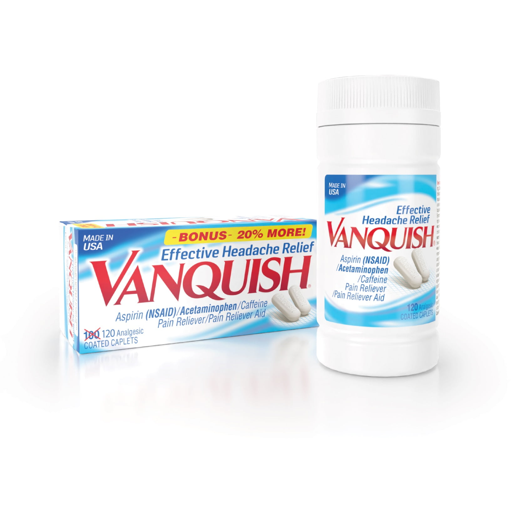 Vanquish Headache And Pain Relief Acetaminophen Aspirin Caffeine 120 Caplets Walmart Com Walmart Com